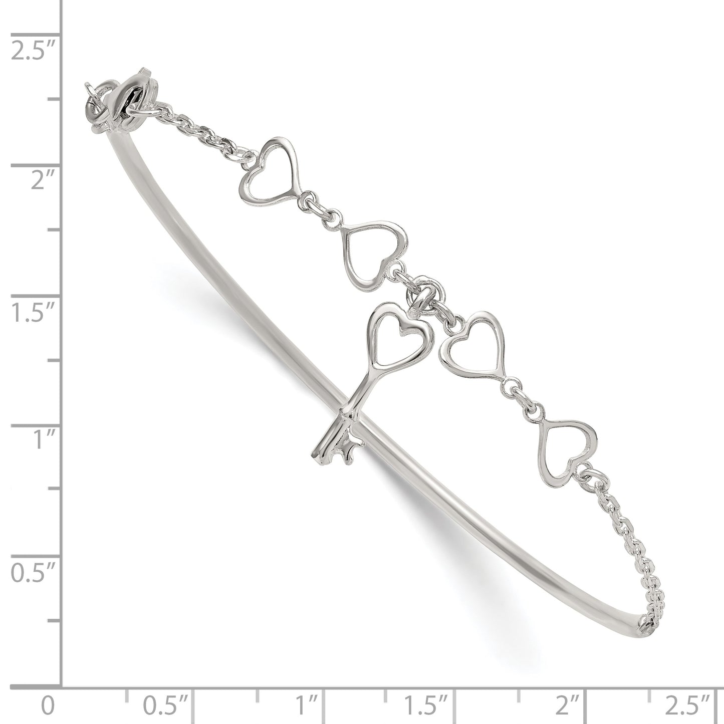 Sterling Silver Polished Open Hearts and Key Charms Half Bangle Bracelet