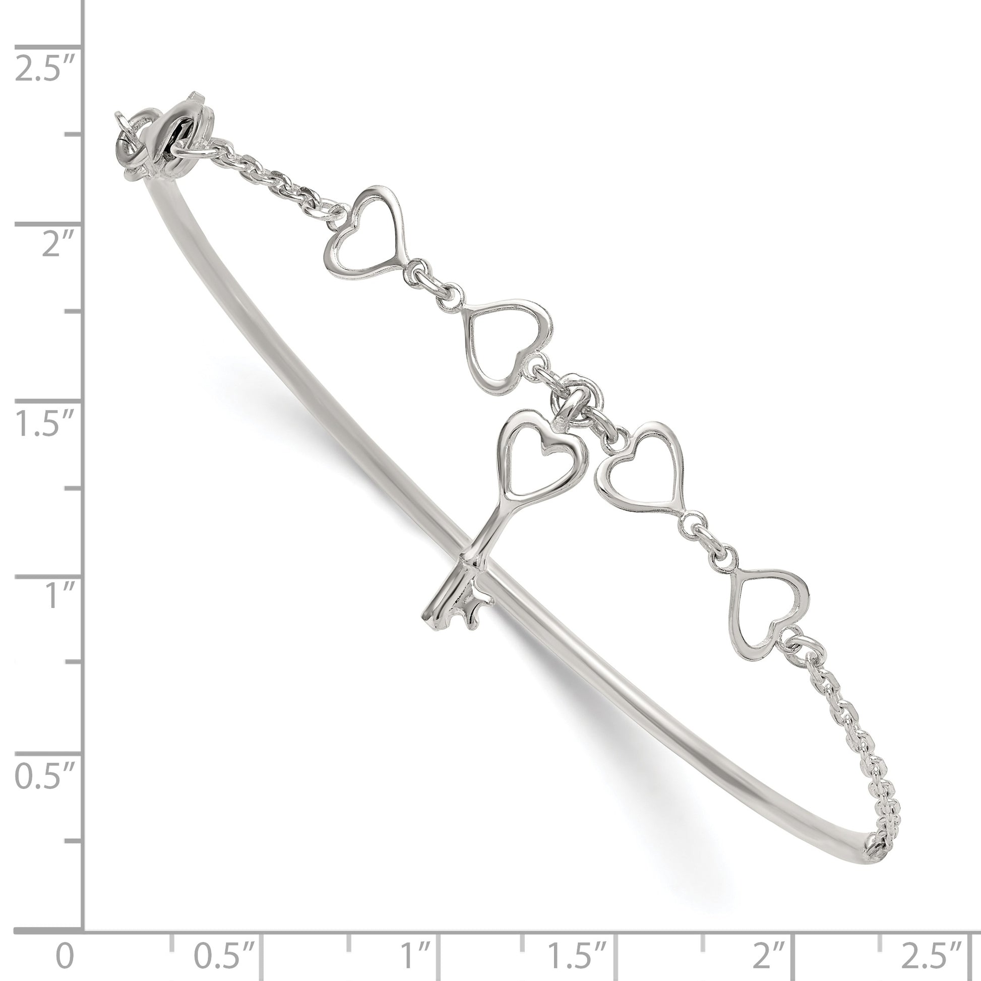 Sterling Silver Polished Open Hearts and Key Charms Half Bangle Bracelet