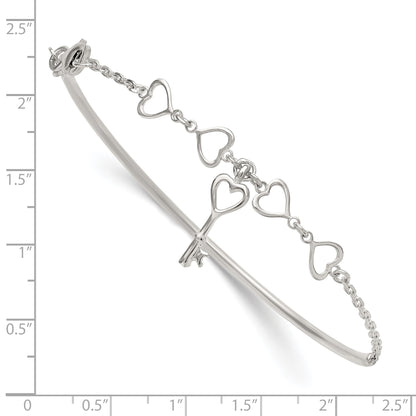 Sterling Silver Polished Open Hearts and Key Charms Half Bangle Bracelet