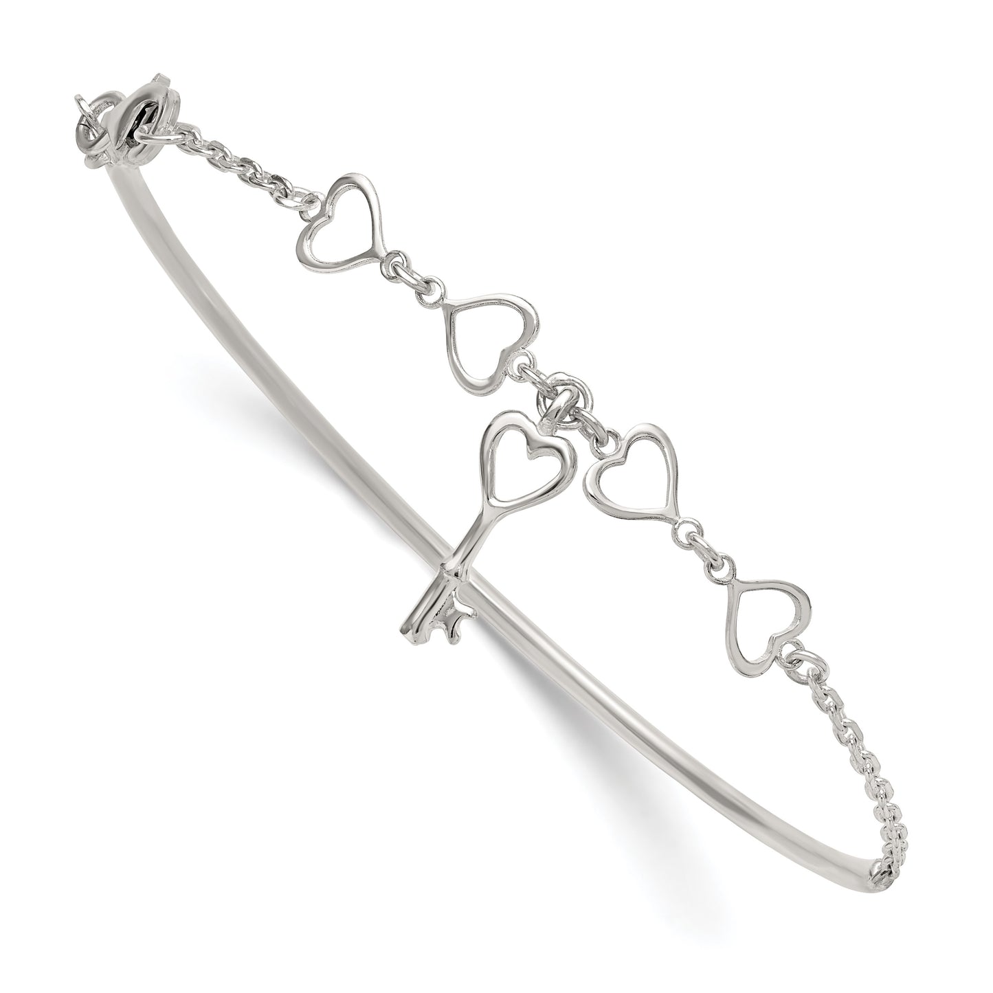 Sterling Silver Polished Open Hearts and Key Charms Half Bangle Bracelet