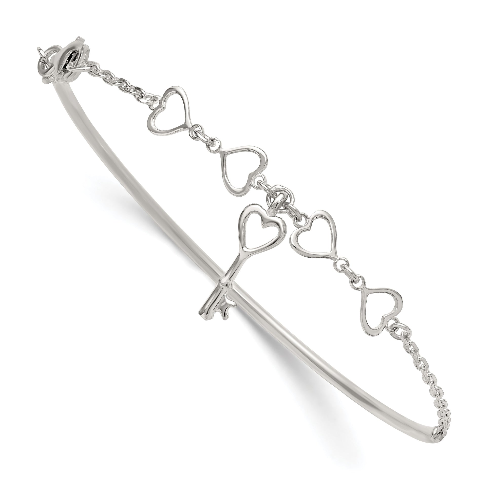 Sterling Silver Polished Open Hearts and Key Charms Half Bangle Bracelet