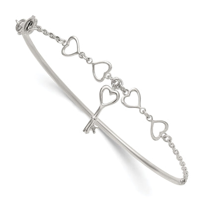 Sterling Silver Polished Open Hearts and Key Charms Half Bangle Bracelet