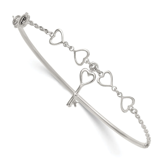 Sterling Silver Polished Open Hearts and Key Charms Half Bangle Bracelet
