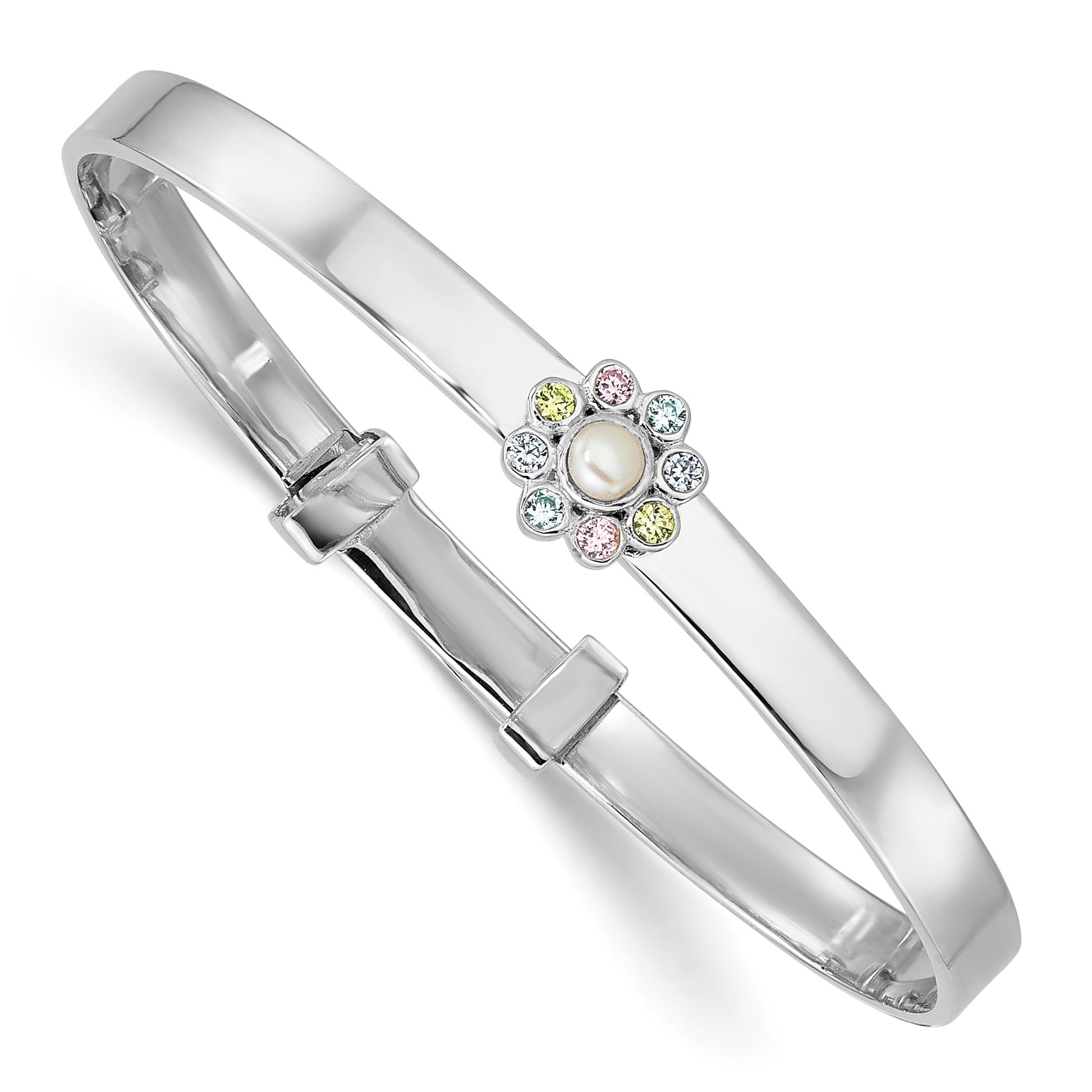 Sterling Silver Rhodium-plated Polished Green, Pink, Blue and Purple CZ and Freshwater Cultured Pearl Flower Childrens Expandable Bangle