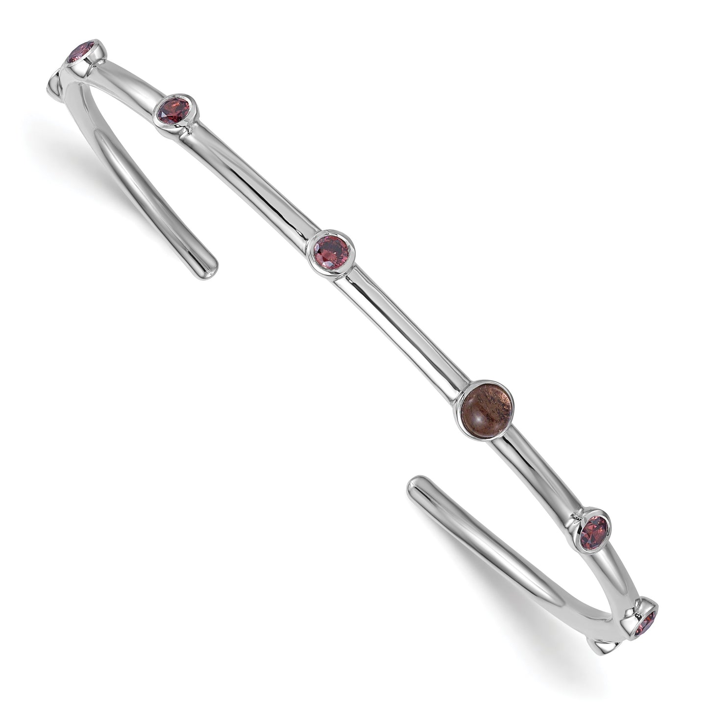 Sterling Silver Rhodium-plated Polished Brown CZ and Smokey Quartz Cuff Bangle