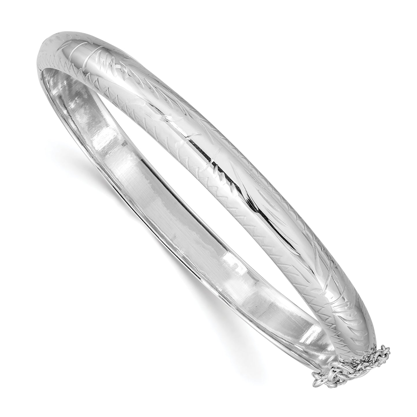 Sterling Silver Rhodium-plated 7mm Diamond-cut Fancy Hinged Bangle Bracelet