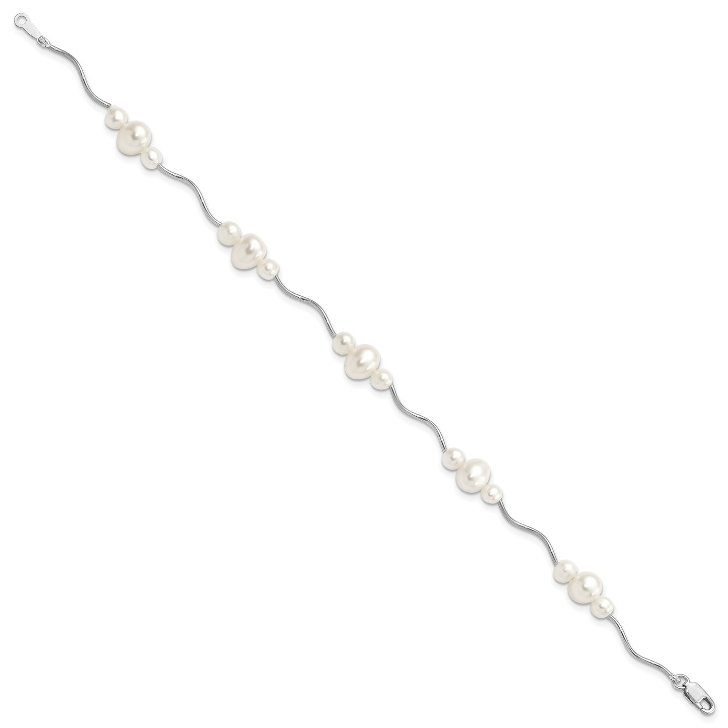 Sterling Silver Rhodium-plated 3-6mm White Near-Round Freshwater Cultured Pearl 7.25 inch Bracelet