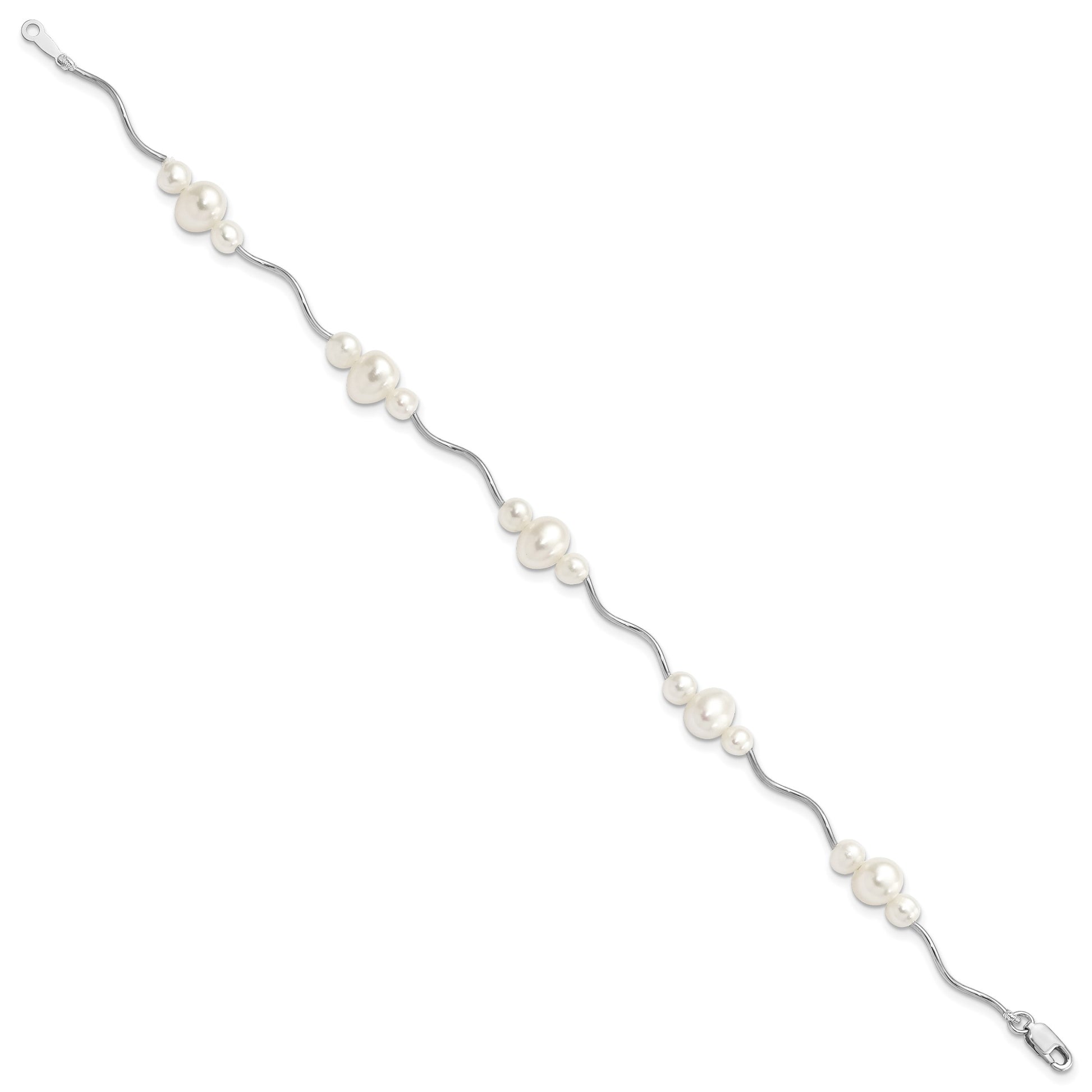Sterling Silver Rhodium-plated 3-6mm White Near-Round Freshwater Cultured Pearl 7.25 inch Bracelet