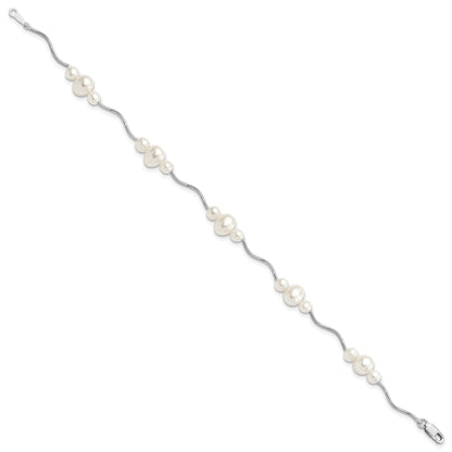 Sterling Silver Rhodium-plated 3-6mm White Near-Round Freshwater Cultured Pearl 7.25 inch Bracelet