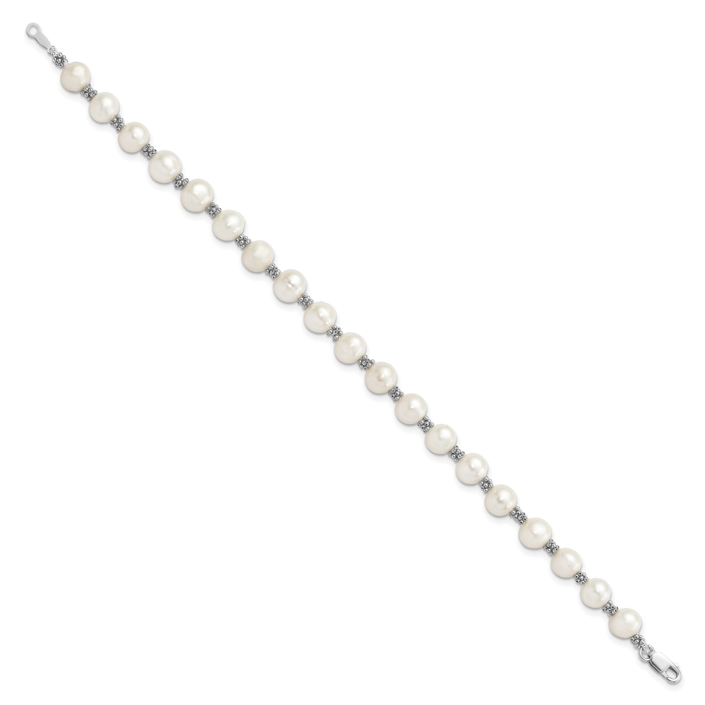 Sterling Silver Rhodium-plated 6-7mm White Round Freshwater Cultured Pearl 7.25 inch Bracelet