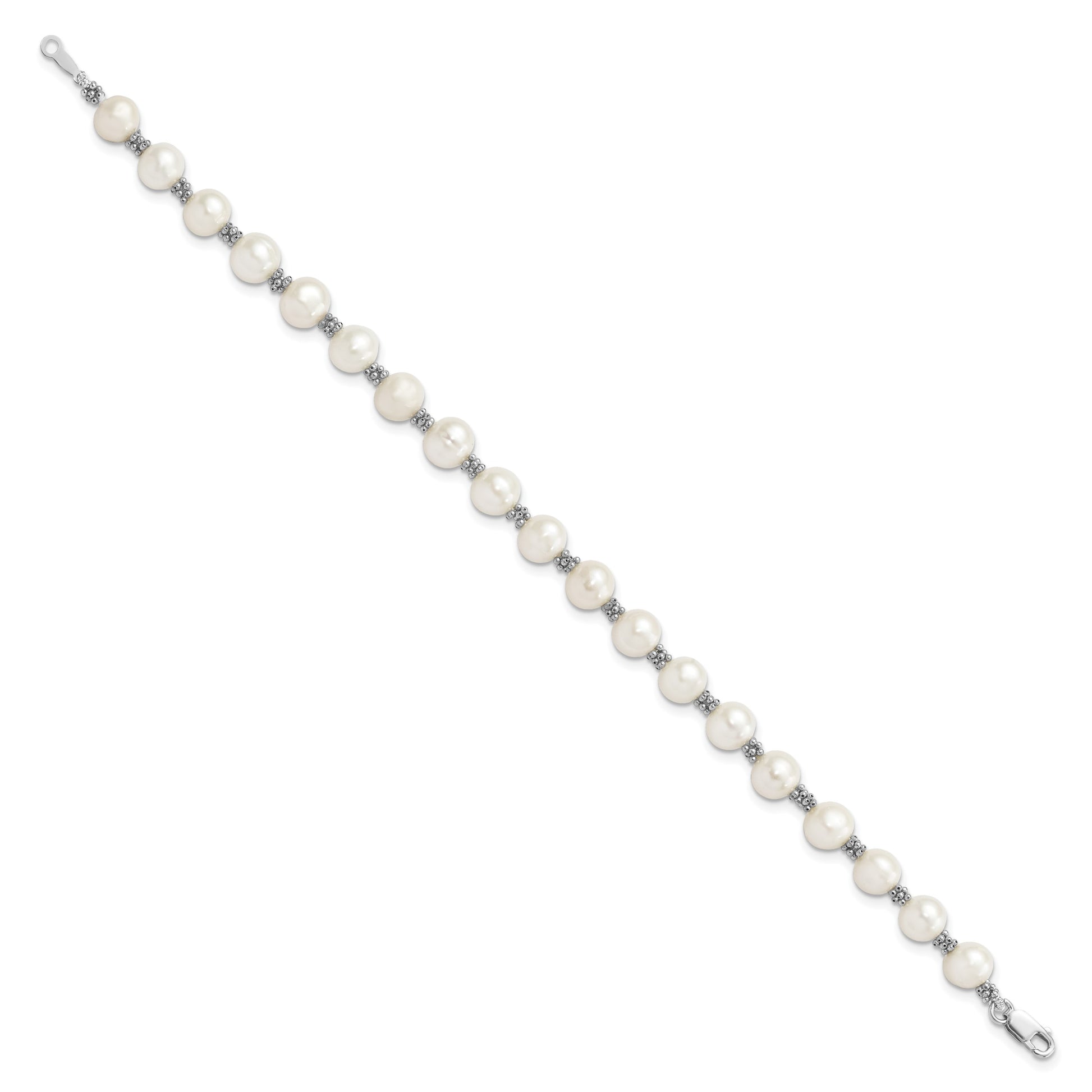 Sterling Silver Rhodium-plated 6-7mm White Round Freshwater Cultured Pearl 7.25 inch Bracelet