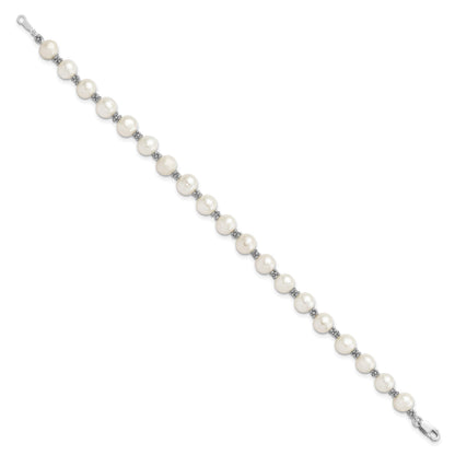 Sterling Silver Rhodium-plated 6-7mm White Round Freshwater Cultured Pearl 7.25 inch Bracelet