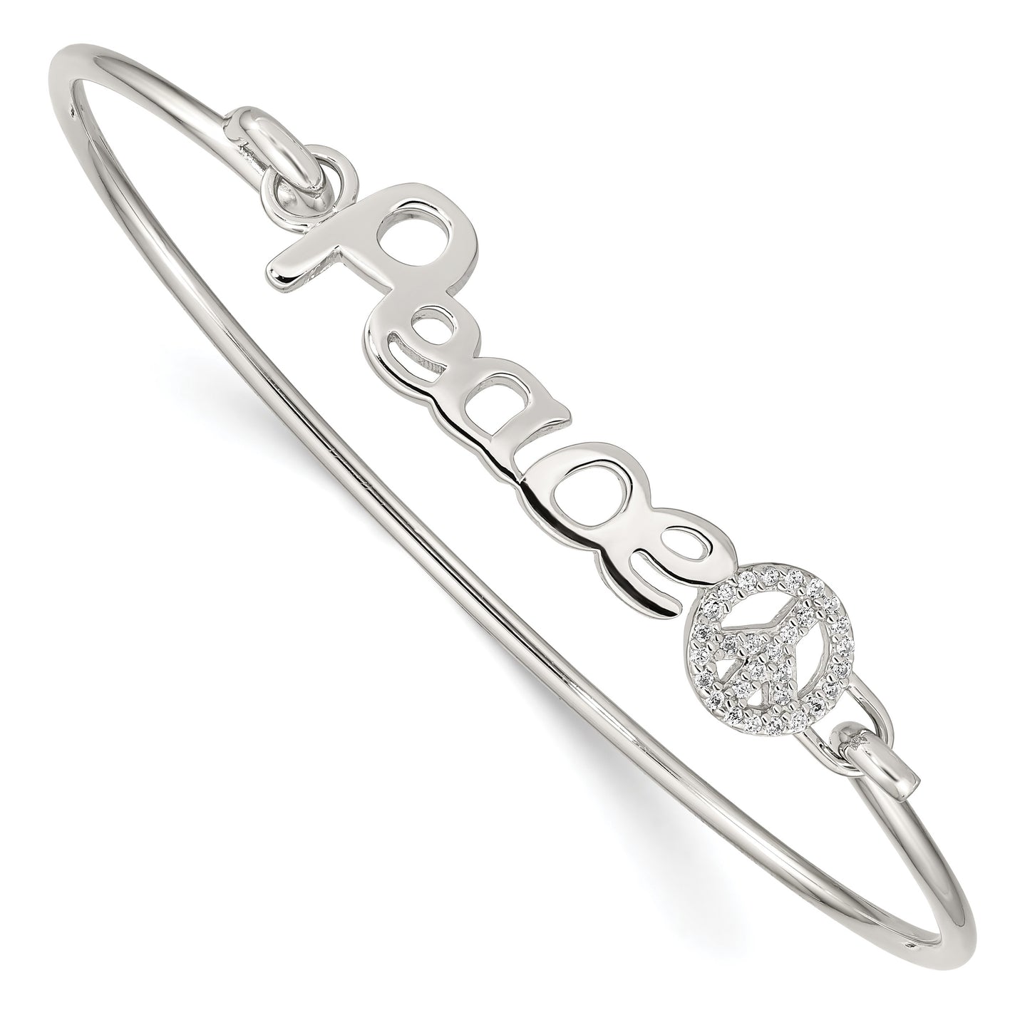 Sterling Silver Rhod-plated Polished CZ PEACE with Peace Sign Bangle