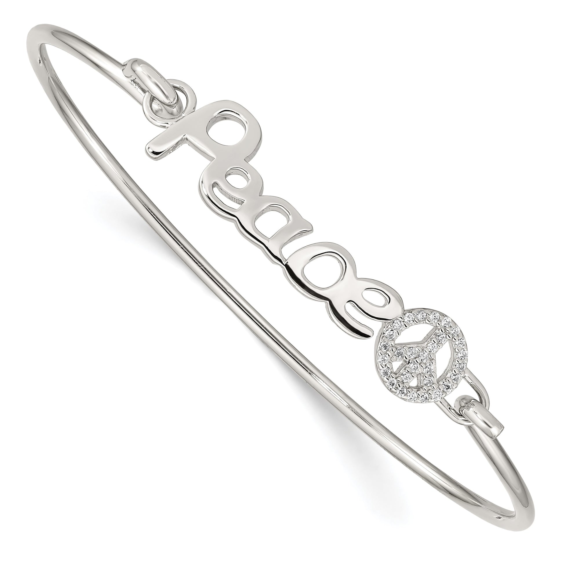 Sterling Silver Rhod-plated Polished CZ PEACE with Peace Sign Bangle