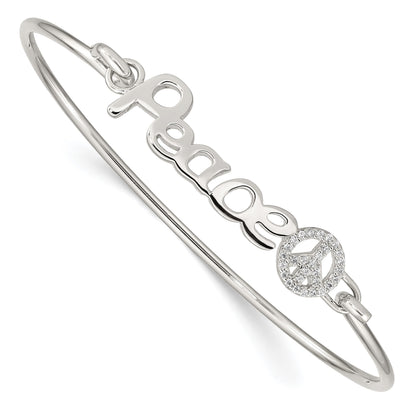 Sterling Silver Rhod-plated Polished CZ PEACE with Peace Sign Bangle