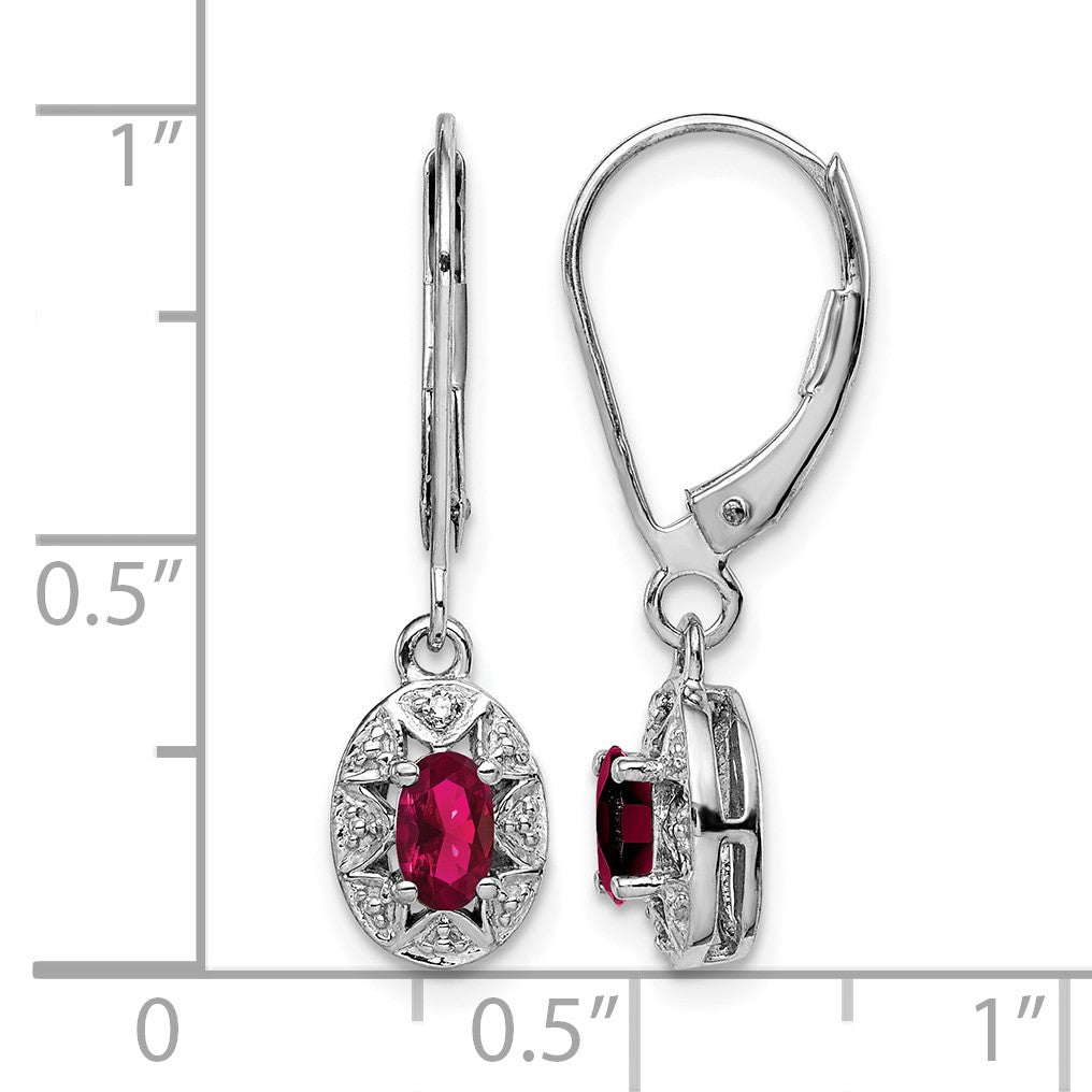 Sterling Silver Rhodium Plated Diamond and Lab Created Ruby Dangle Leverback Earrings