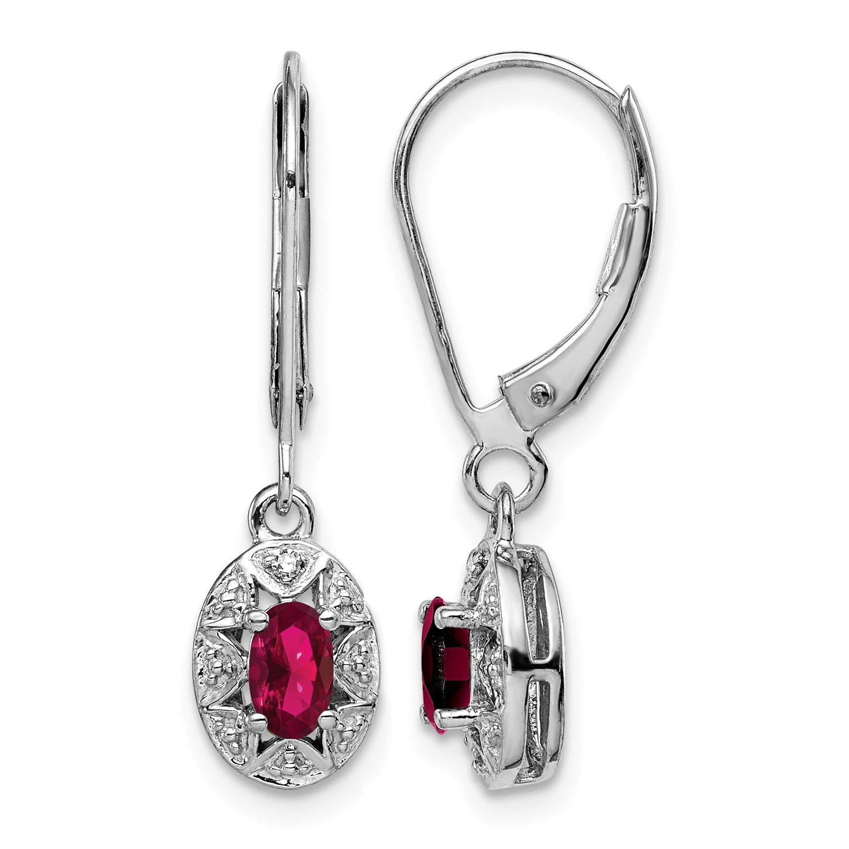 Sterling Silver Rhodium Plated Diamond and Lab Created Ruby Dangle Leverback Earrings