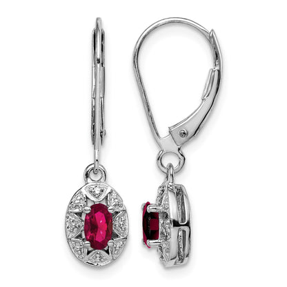 Sterling Silver Rhodium Plated Diamond and Lab Created Ruby Dangle Leverback Earrings