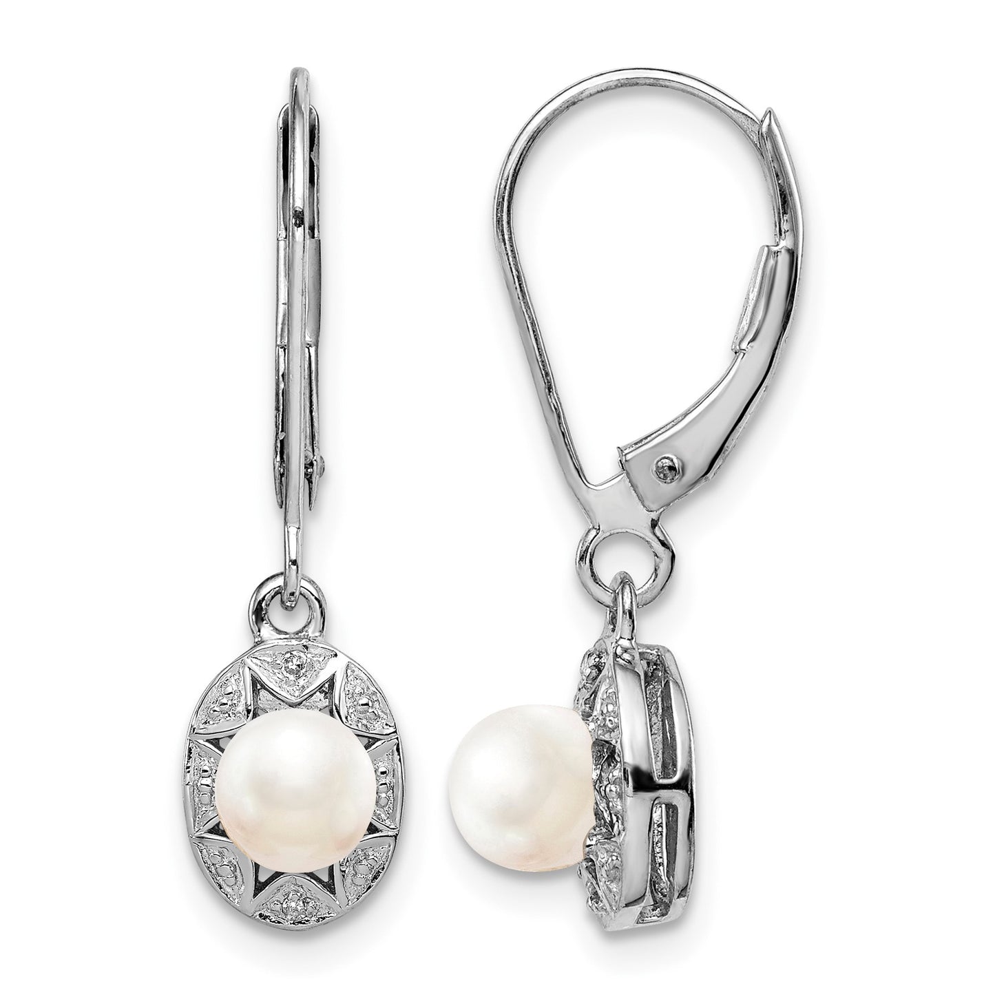 Sterling Silver Rhodium-plated Diam. & FW Cultured Pearl Earrings