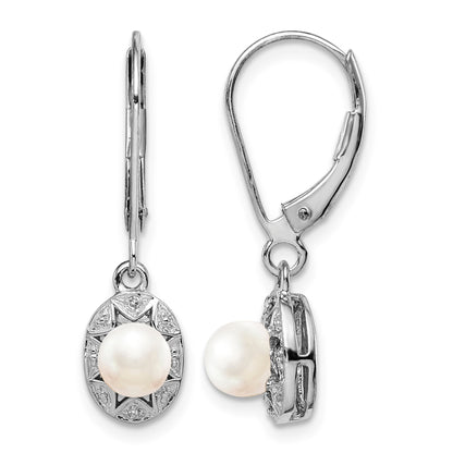 Sterling Silver Rhodium-plated Diam. & FW Cultured Pearl Earrings