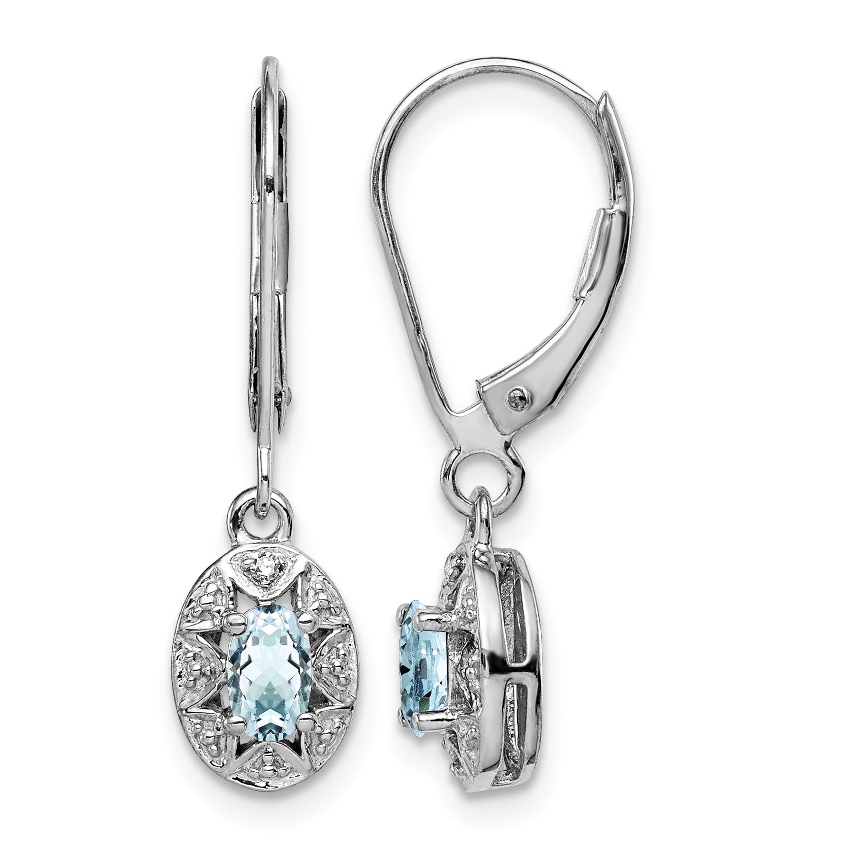 Sterling Silver Rhodium-plated Diam. & Aquamarine Earrings