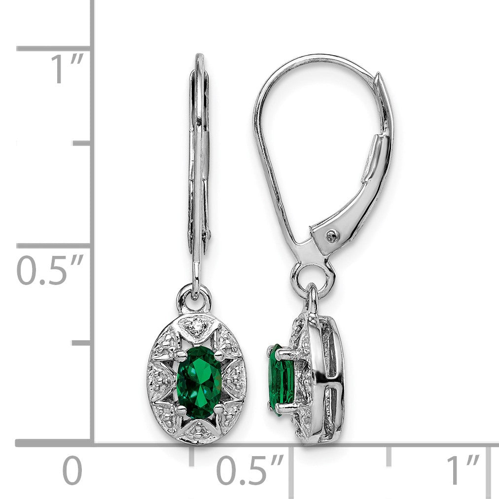 Sterling Silver Rhodium-plated Diamond/Lab Created Emerald Earrings
