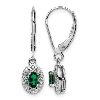 Sterling Silver Rhodium-plated Diamond/Lab Created Emerald Earrings