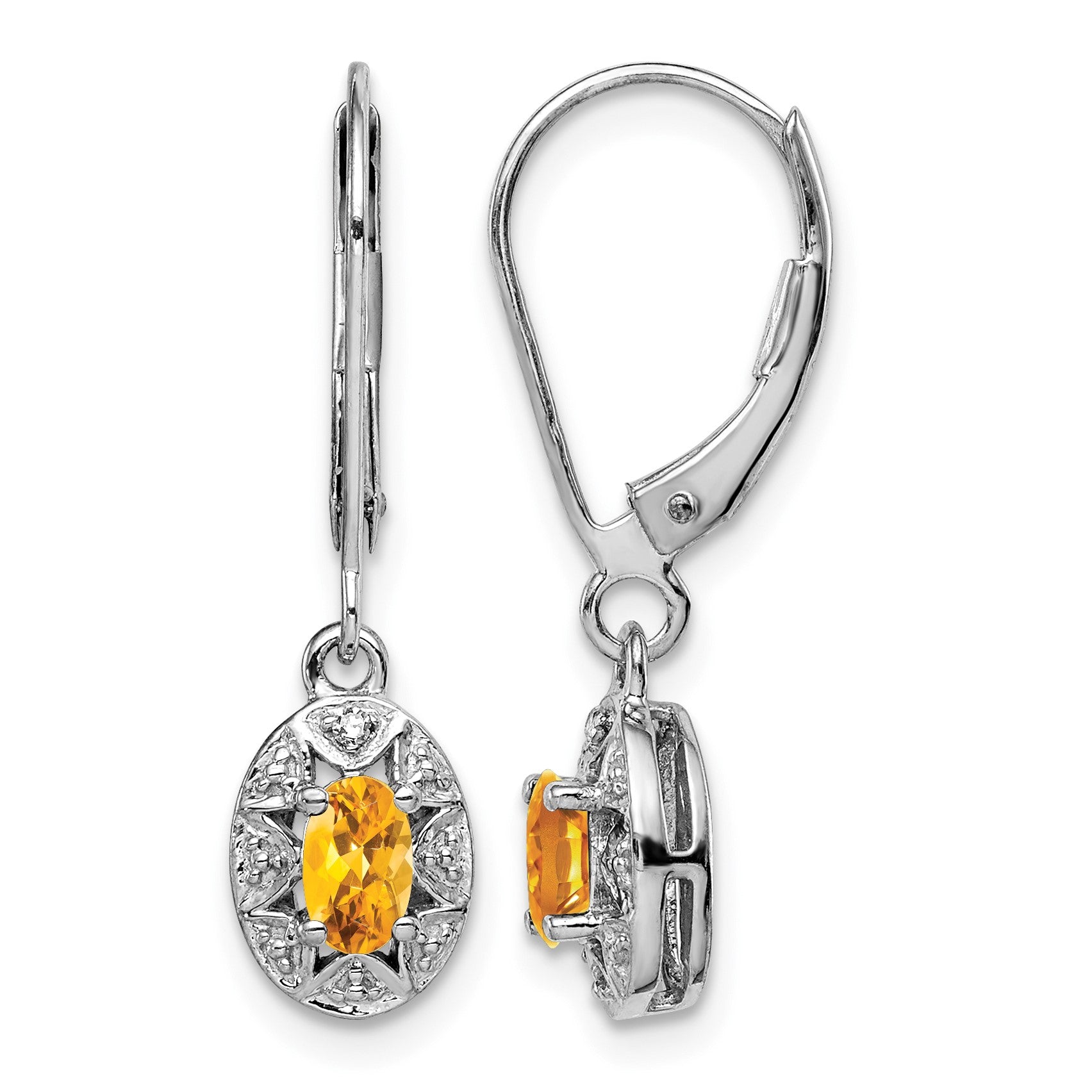 Sterling Silver Rhodium-plated Diam. & Citrine Earrings