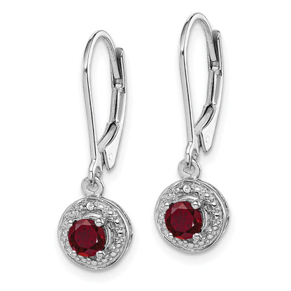 Sterling Silver Rhodium Plated Lab Created Ruby and Diamond Halo Dangle Leverback Earrings