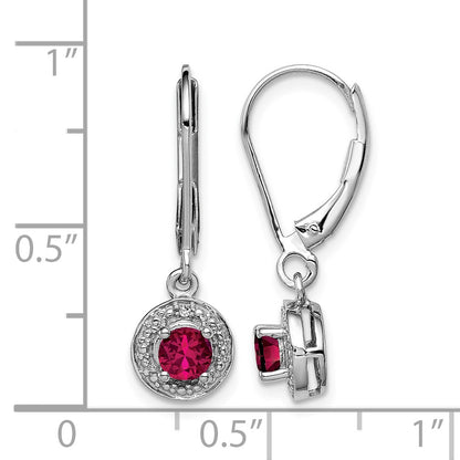 Sterling Silver Rhodium Plated Lab Created Ruby and Diamond Halo Dangle Leverback Earrings