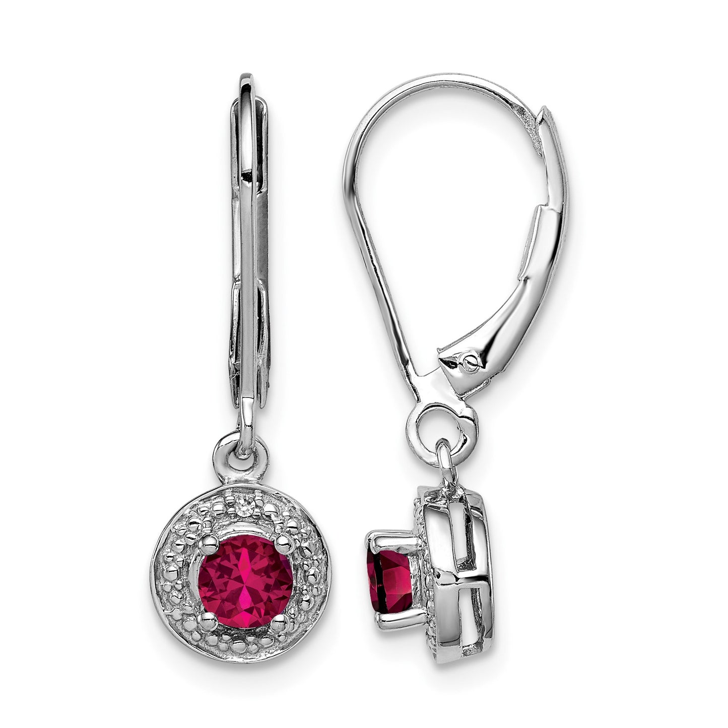 Sterling Silver Rhodium Plated Lab Created Ruby and Diamond Halo Dangle Leverback Earrings