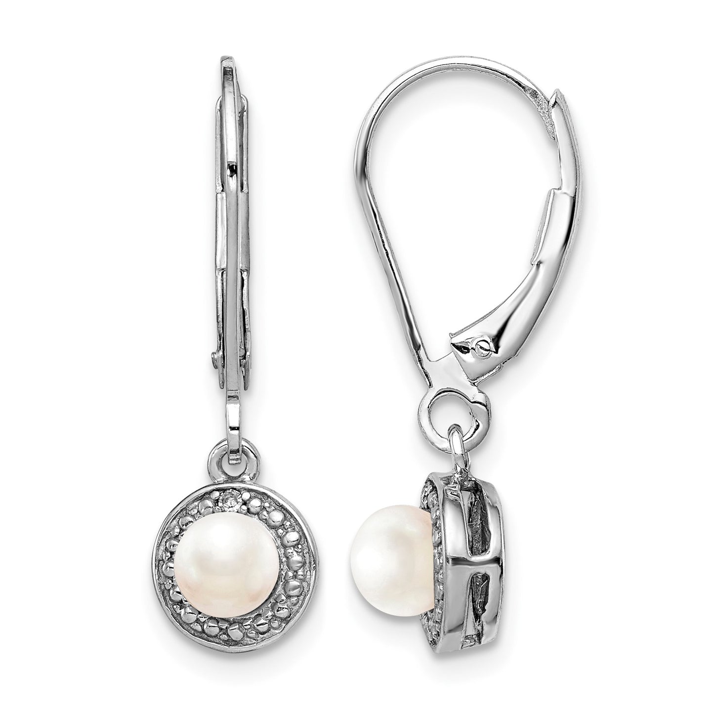 Sterling Silver Rhodium-plated Diam. & FW Cultured Pearl Earrings