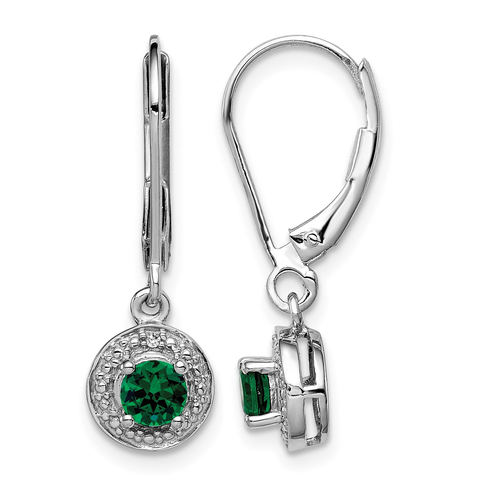 Sterling Silver Rhodium-plated Diam. & Created Emerald Earrings