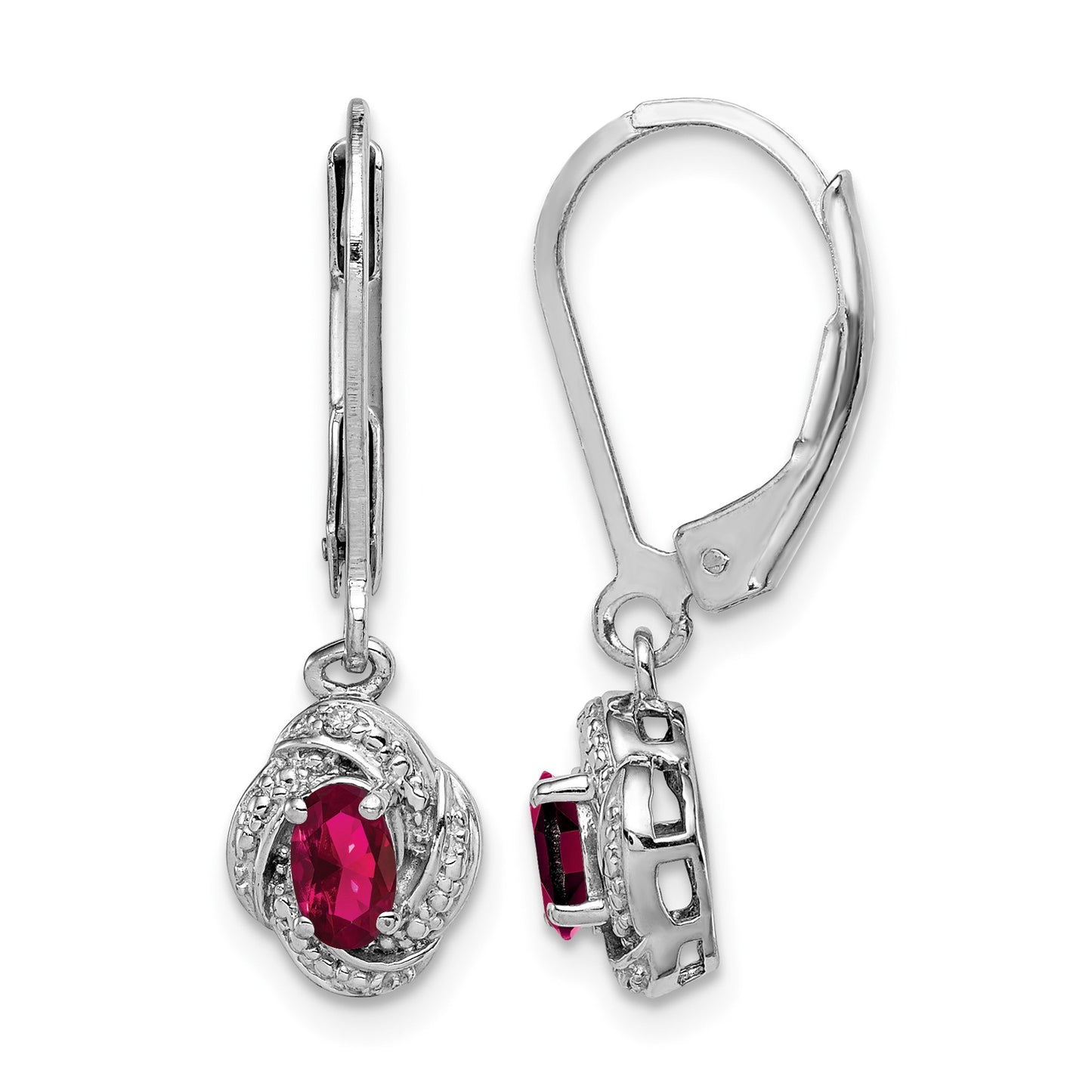 Sterling Silver Rhodium-plated Diam. & Created Ruby Earrings