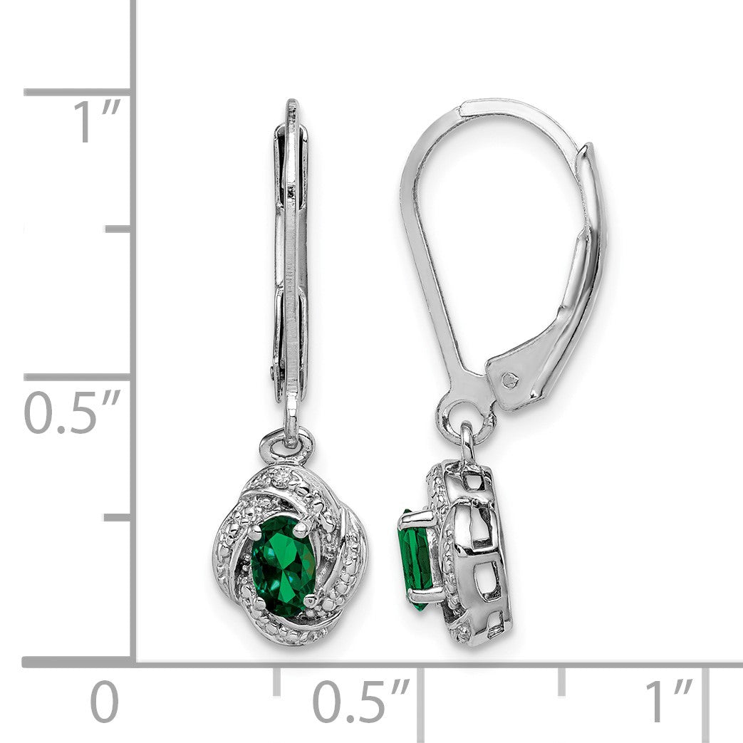 Sterling Silver Rhodium-plated Diam. & Created Emerald Earrings