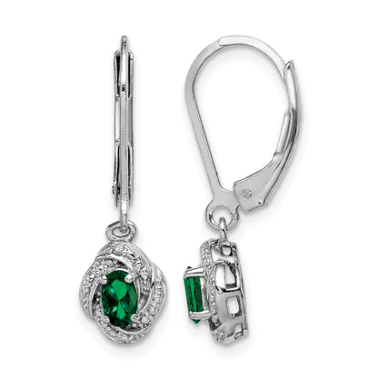 Sterling Silver Rhodium-plated Diam. & Created Emerald Earrings