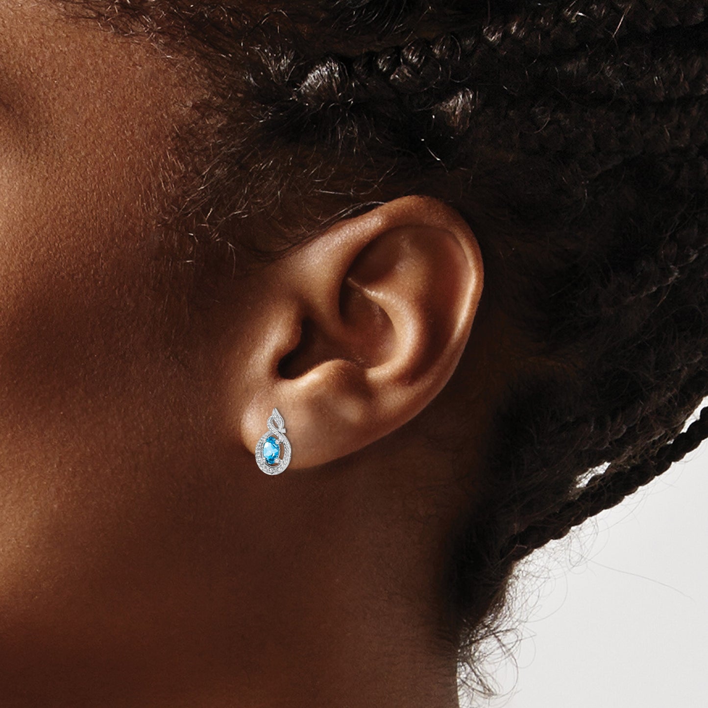 Sterling Silver Rhodium-plated Light Swiss Blue Topaz & Diam. Earrings