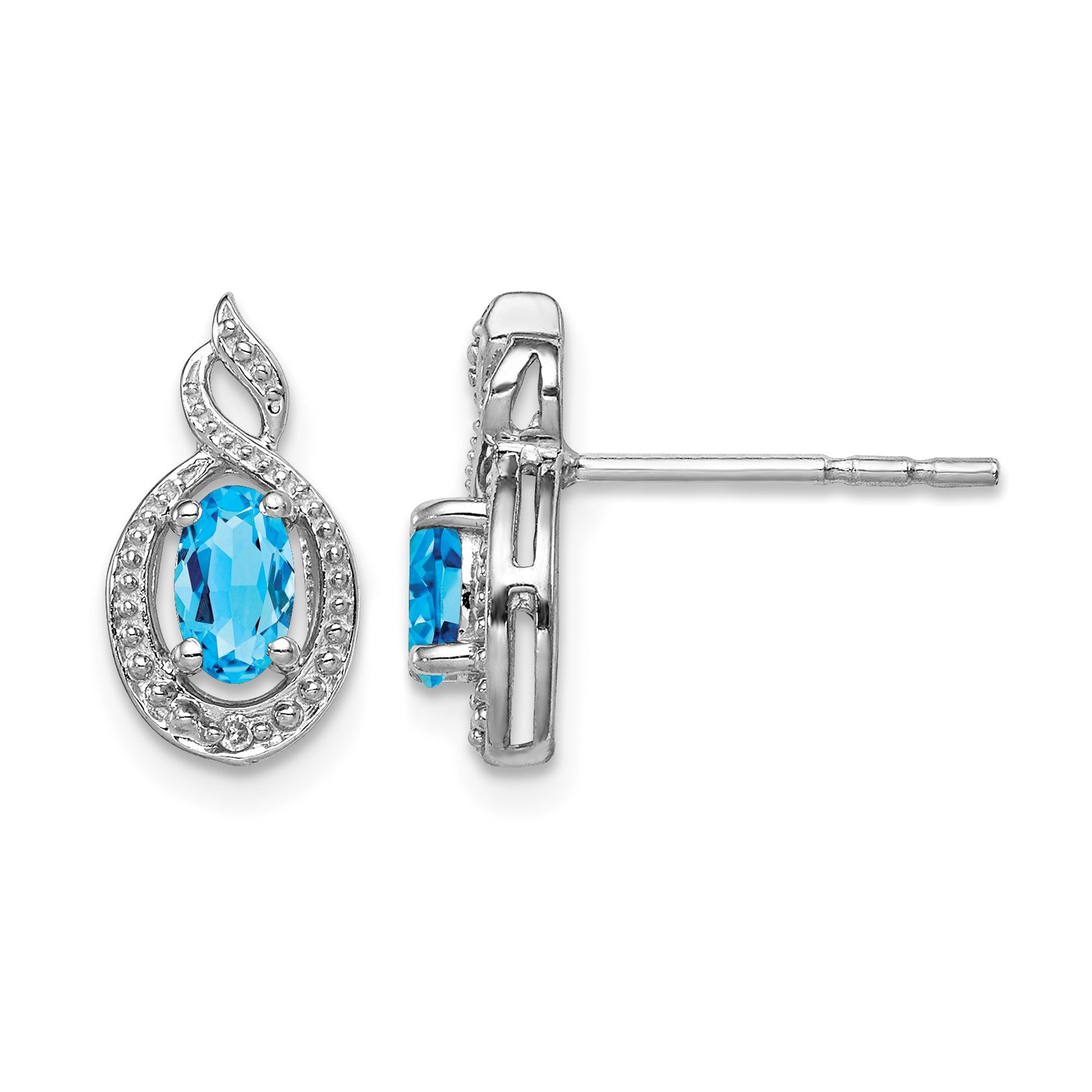 Sterling Silver Rhodium-plated Light Swiss Blue Topaz & Diam. Earrings