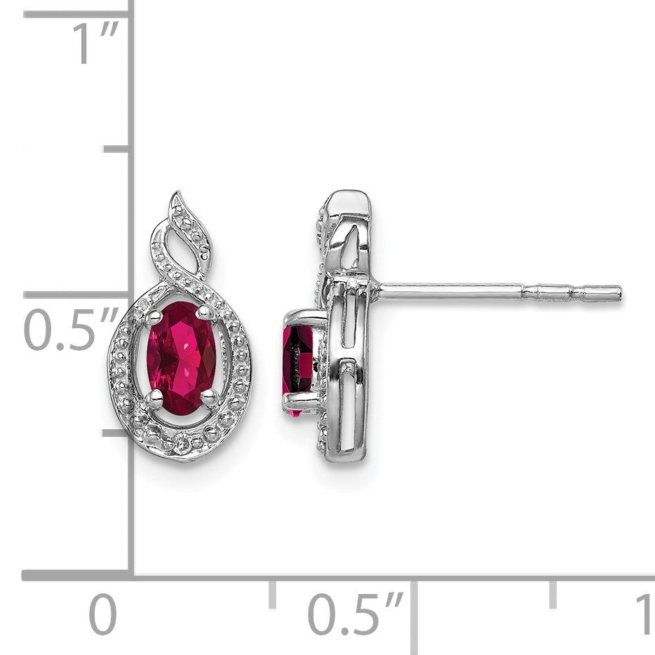 Sterling Silver Rhodium-plated Created Ruby & Diam. Earrings