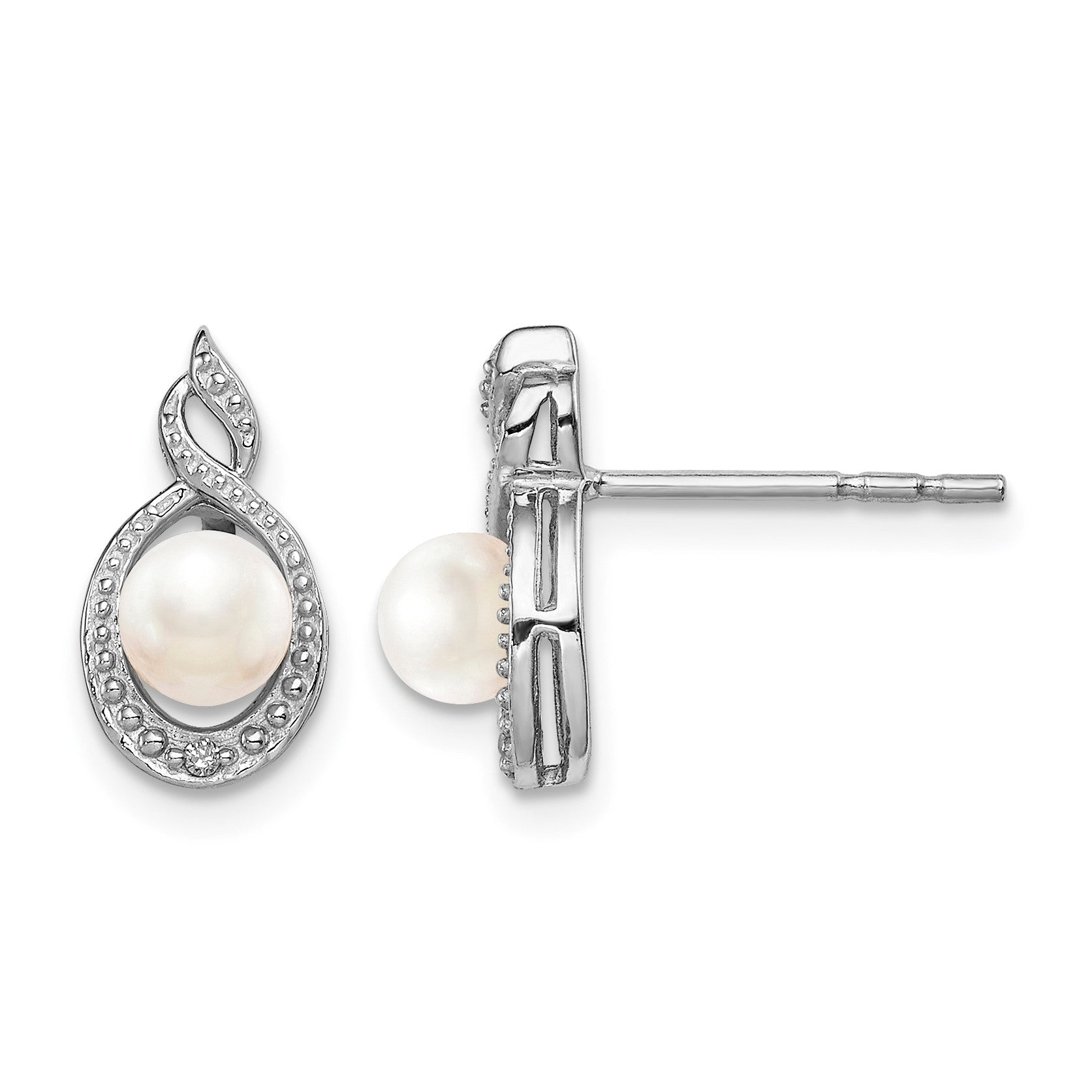 Sterling Silver Rhodium-plated FW Cultured Pearl & Diam. Earrings