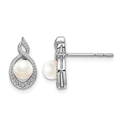 Sterling Silver Rhodium-plated FW Cultured Pearl & Diam. Earrings