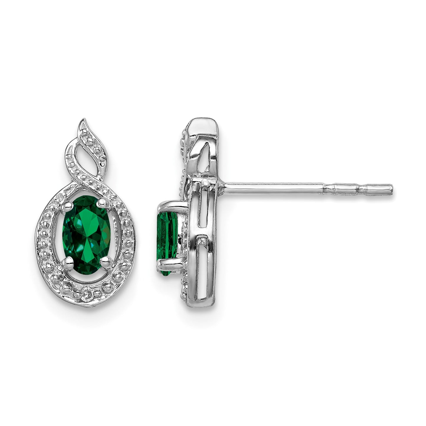 Sterling Silver Rhodium-plated Created Emerald & Diam. Earrings