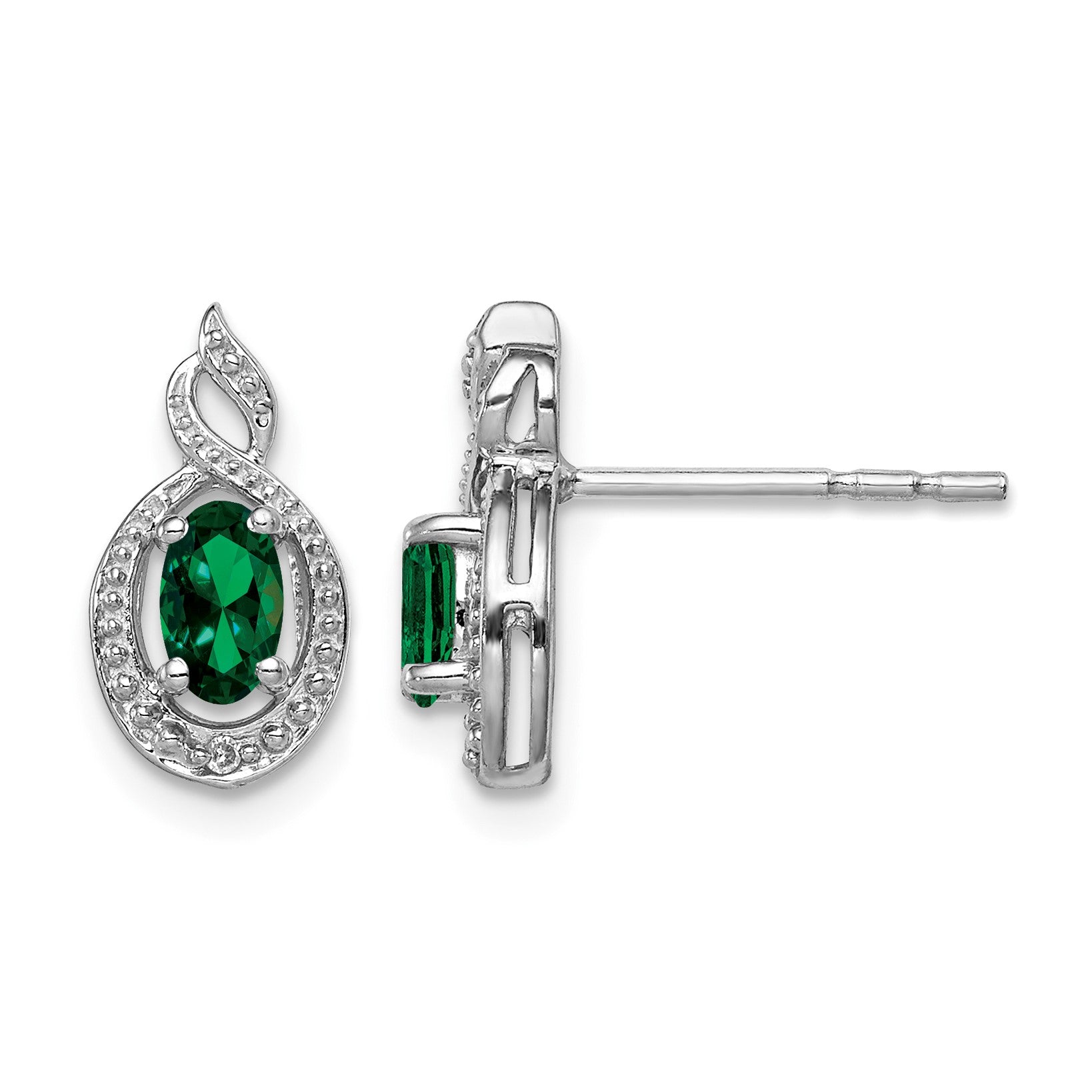 Sterling Silver Rhodium-plated Created Emerald & Diam. Earrings