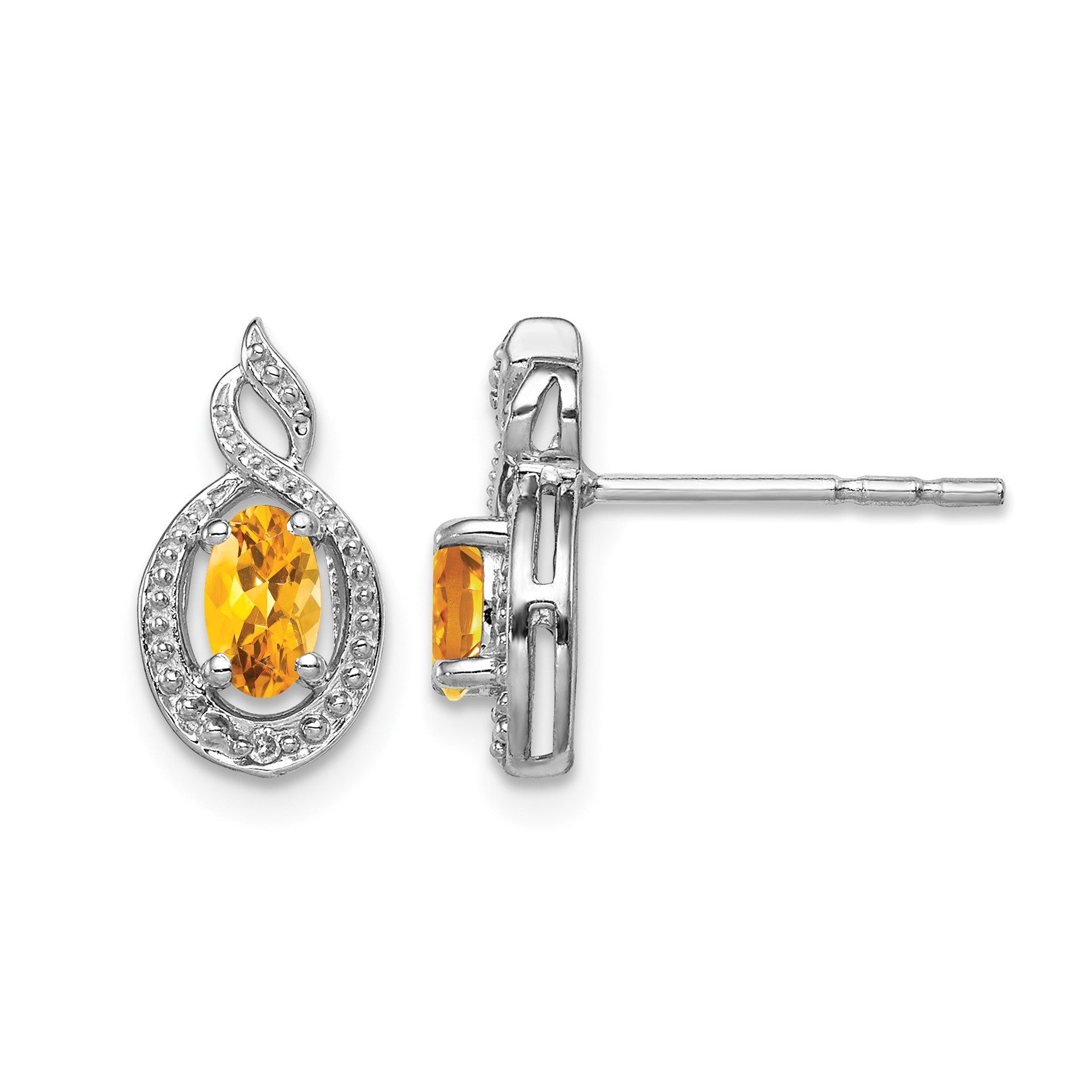 Sterling Silver Rhodium-plated Citrine & Diam. Earrings