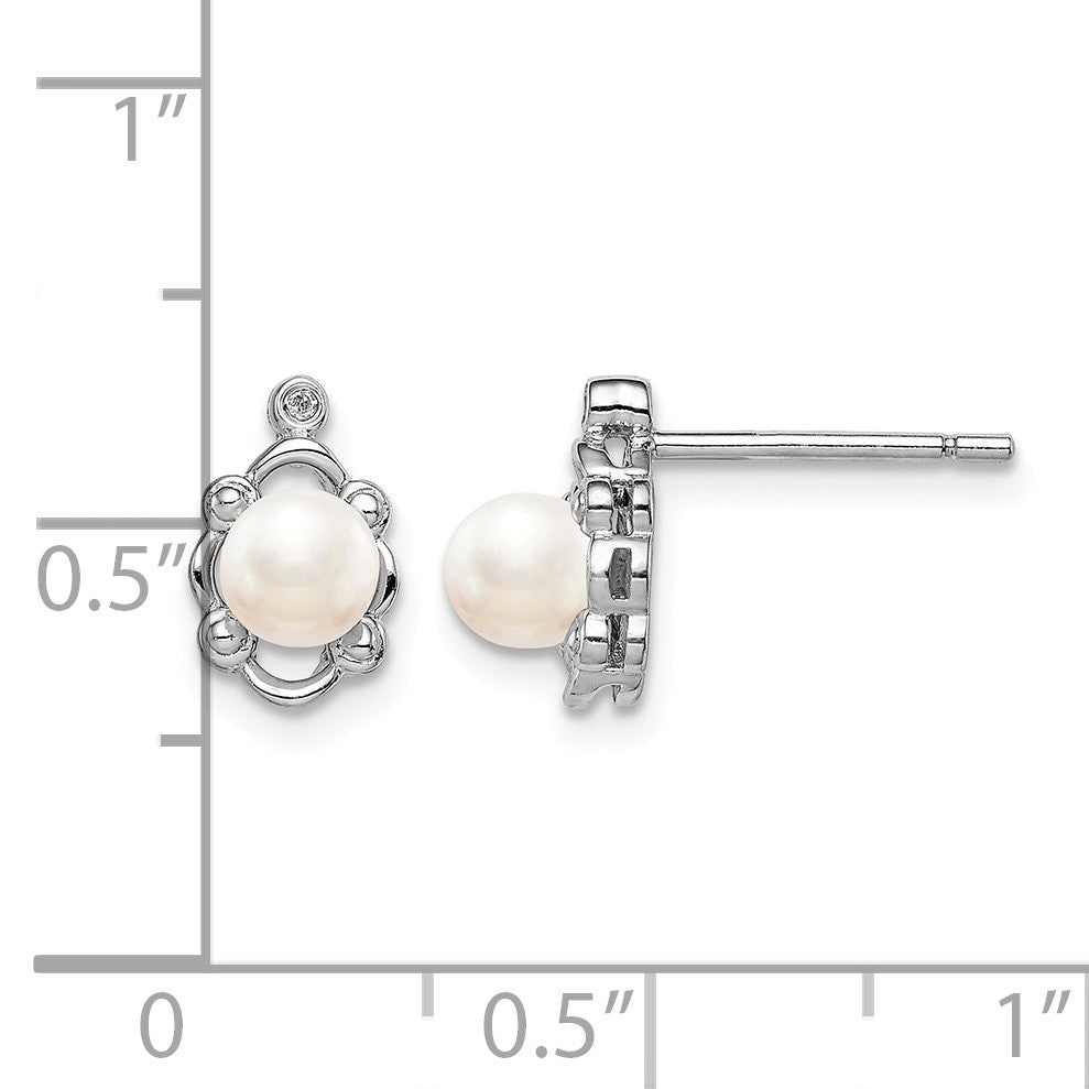 Sterling Silver Rhodium-plated FW Cultured Pearl & Diam. Earrings