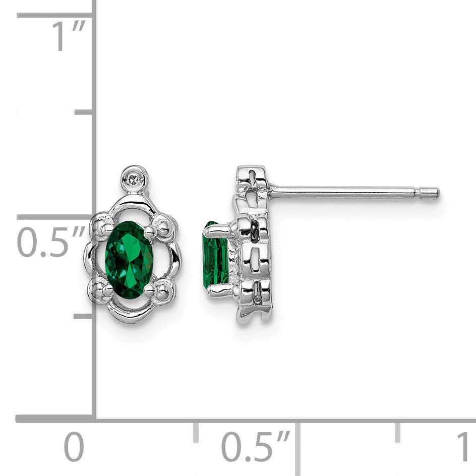 Sterling Silver Rhodium-plated Created Emerald & Diam. Earrings