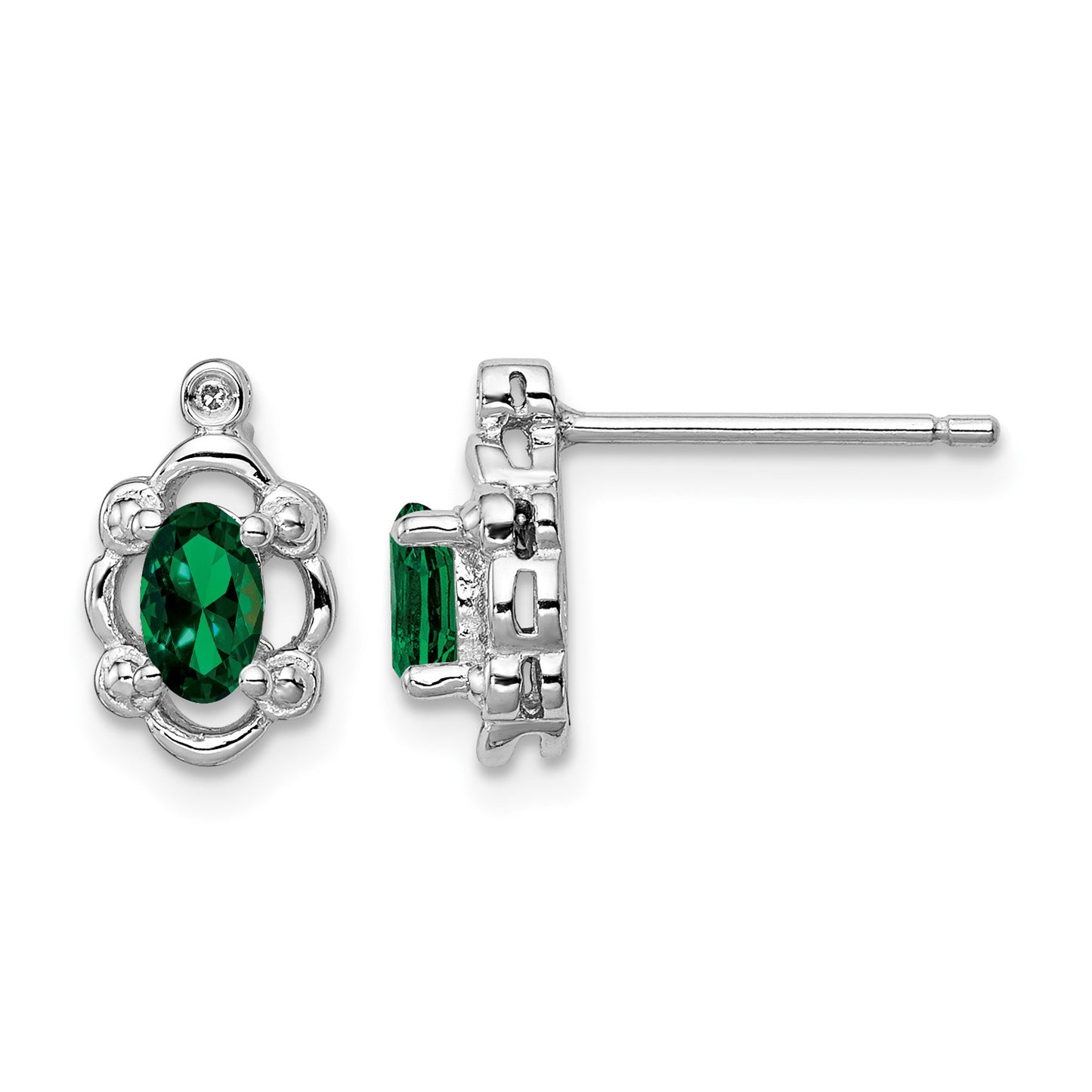Sterling Silver Rhodium-plated Created Emerald & Diam. Earrings