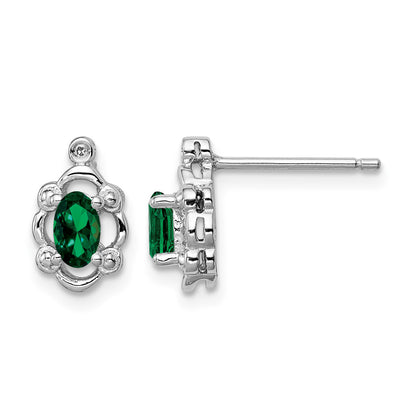 Sterling Silver Rhodium-plated Created Emerald & Diam. Earrings