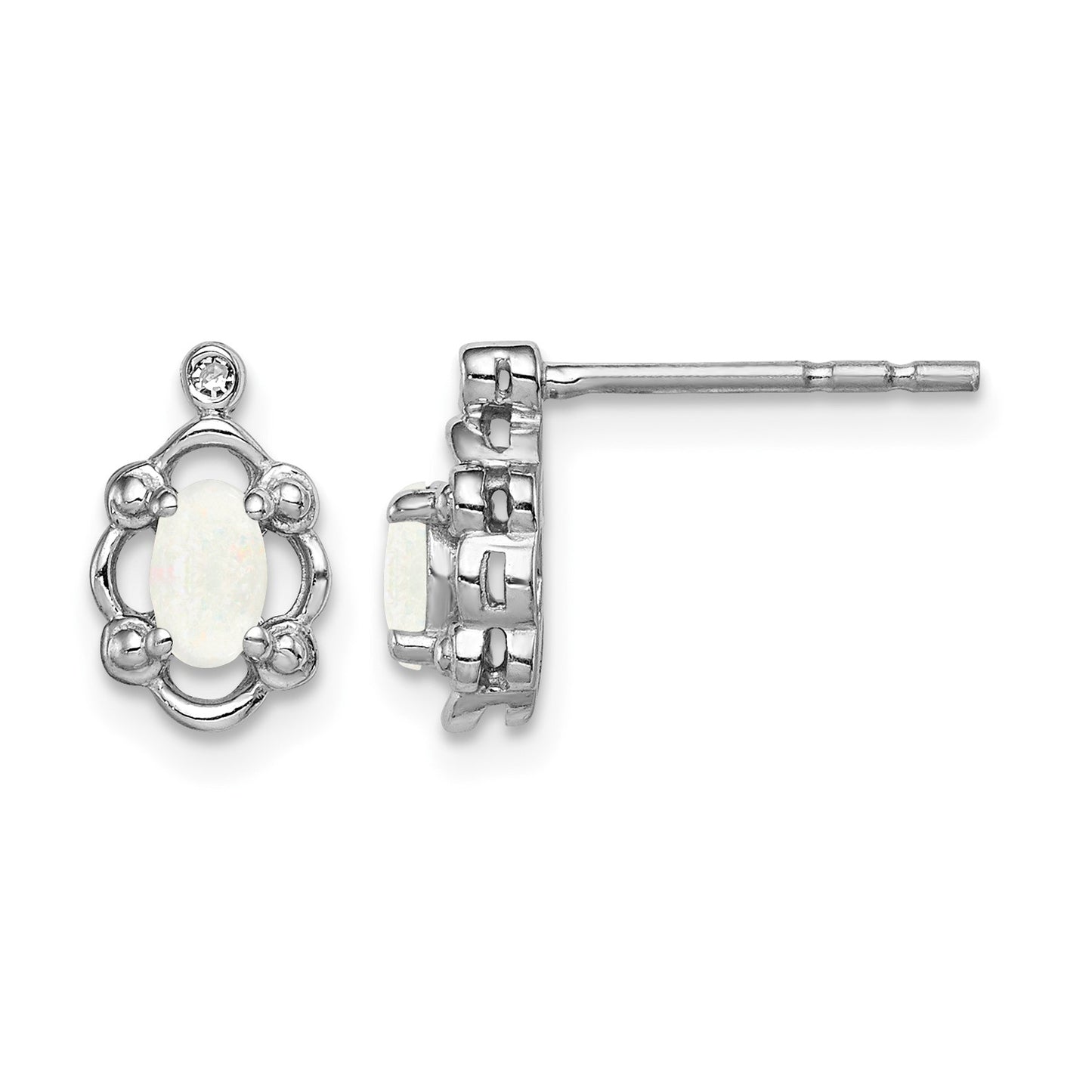 Sterling Silver Rhodium-plated Created Opal & Diam. Earrings