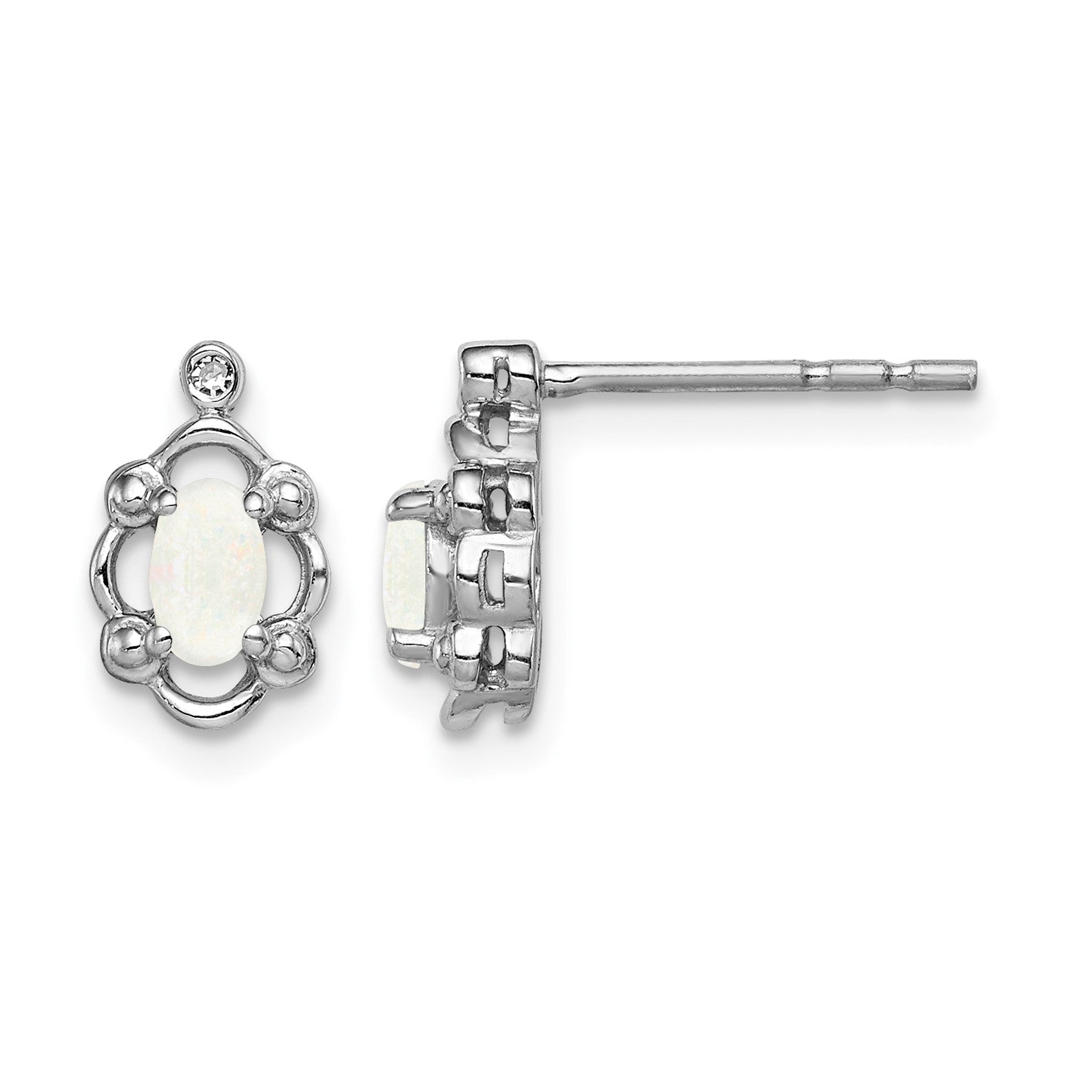Sterling Silver Rhodium-plated Created Opal & Diam. Earrings